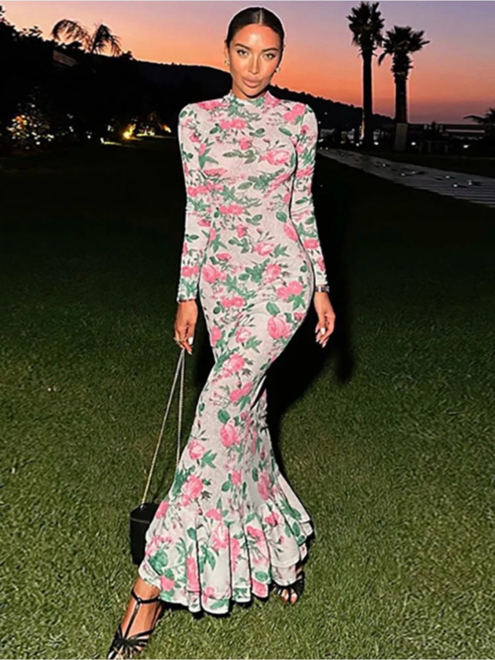 Floral Long-Sleeve Maxi Dress with Ruffle Hem - Pink Floral Wedding Guest XXL